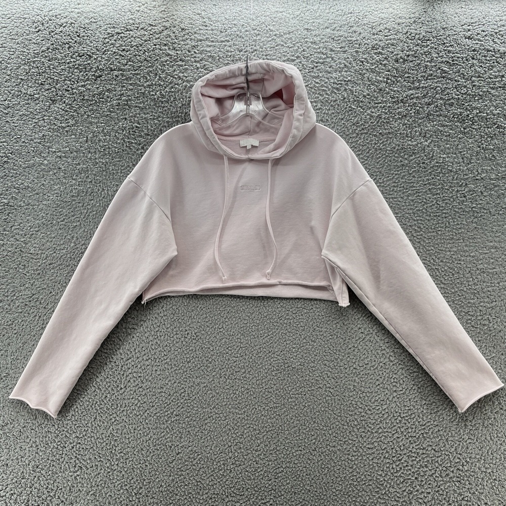 Meshki Hoodie Womens Small Pink Cropped Boxy Relaxed Logo Pullover Sweatshirt